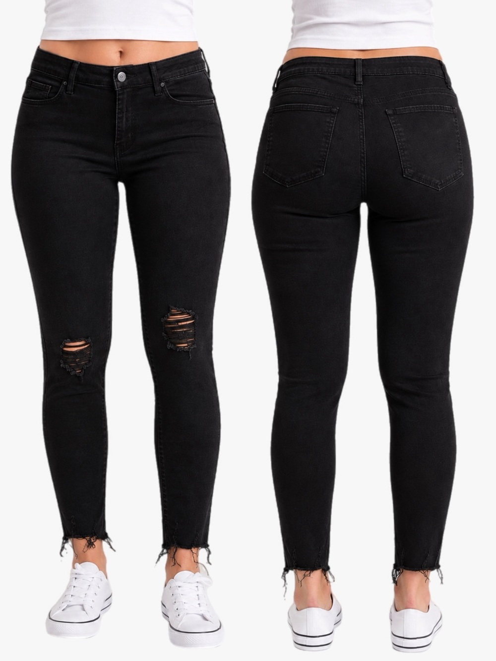 Old Navy Mid Rise Rockstar Super Skinny Jeans Black Distressed Raw Hem Plus 16